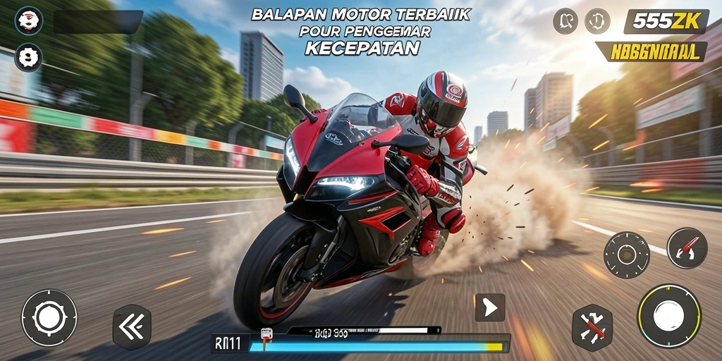 Screenshot gameplay 555ZK menampilkan aksi balapan motor yang mendebarkan.