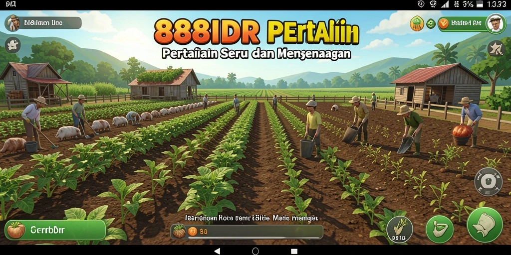 Tangkapan layar gameplay 888IDR yang menunjukkan petani sedang bekerja di ladang.