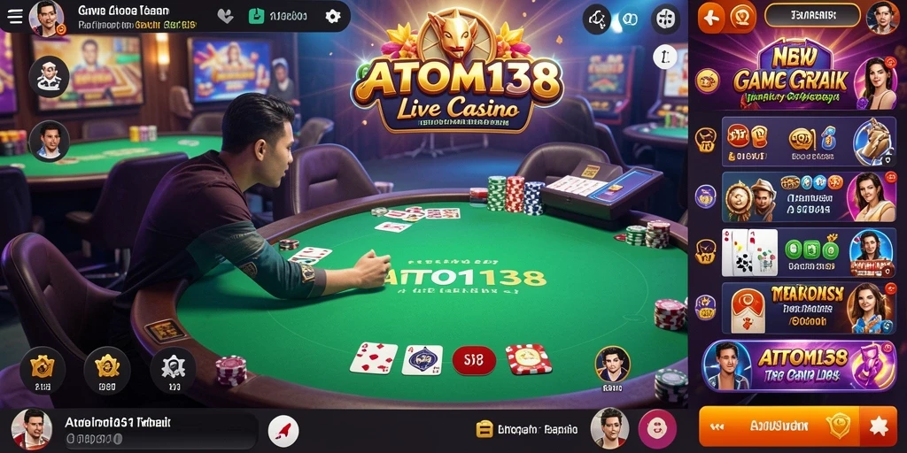Screenshot gameplay Live Casino dari ATOM138 yang menampilkan dealer dan pemain.