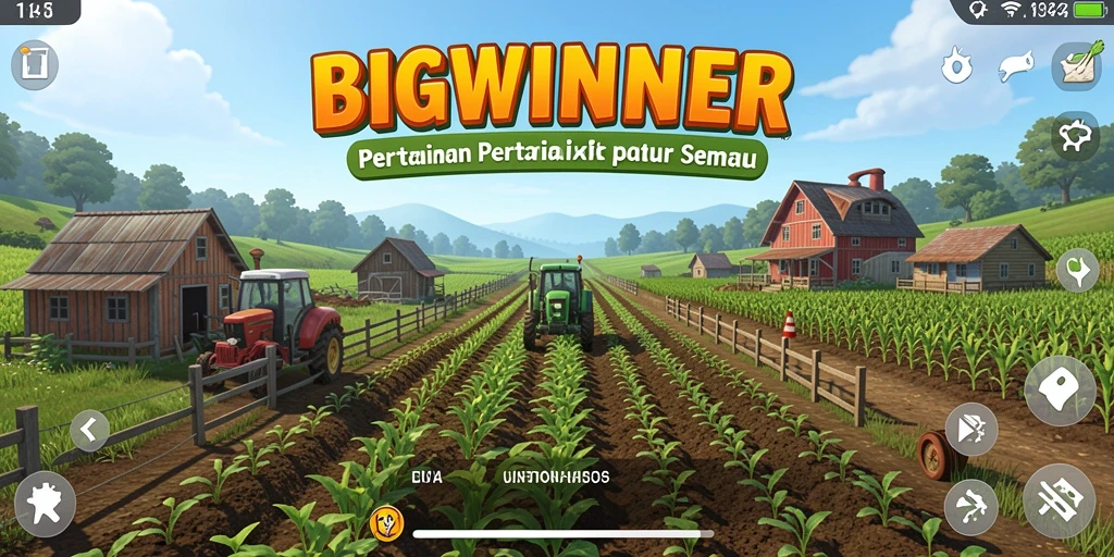Tangkapan layar gameplay BIGWINNER menunjukkan ladang yang subur dan hewan ternak yang hidup.
