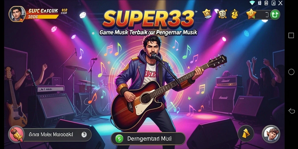 Tampilan gameplay <strong>SUPER33</strong> dengan aksi musik menarik dan antarmuka yang interaktif.