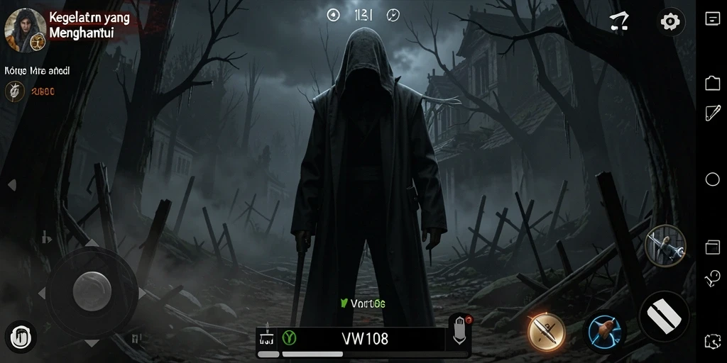 Screenshot gameplay VW108 yang menampilkan momen menakutkan dan penuh ketegangan.